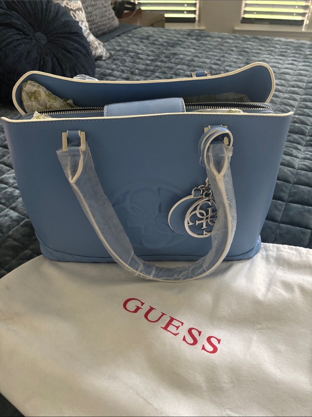 GUESS Light Blue Tote with Logo Charm and Top Handles
